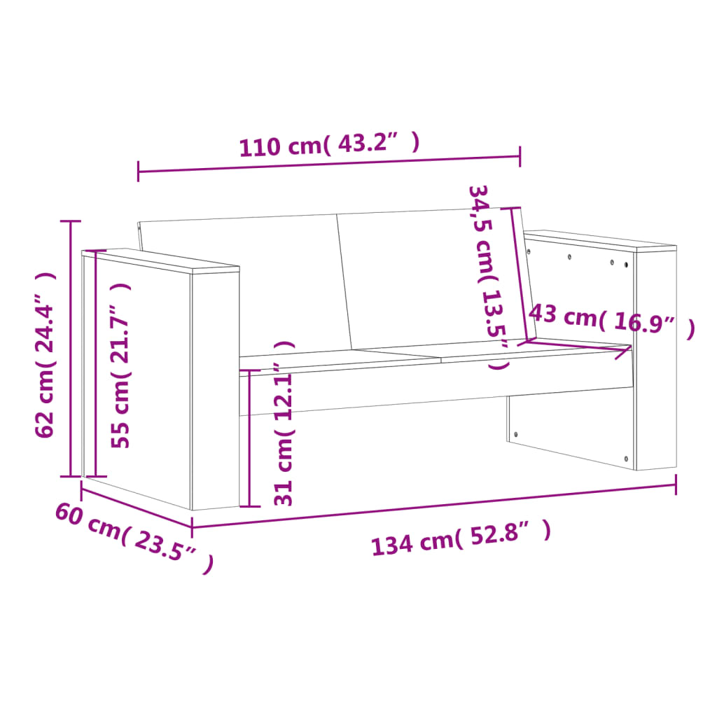 Canapea grădină cu 2 locuri 134x60x62 cm, lemn masiv pin tratat