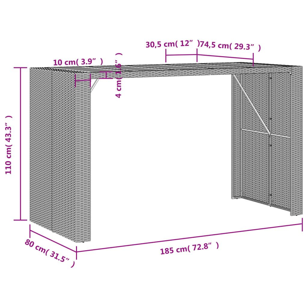 Masă bar grădină blat lemn acacia negru 185x80x110 cm poliratan