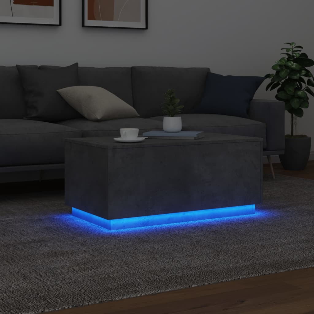 Măsuță de cafea cu lumini LED, gri beton, 90x50x40 cm