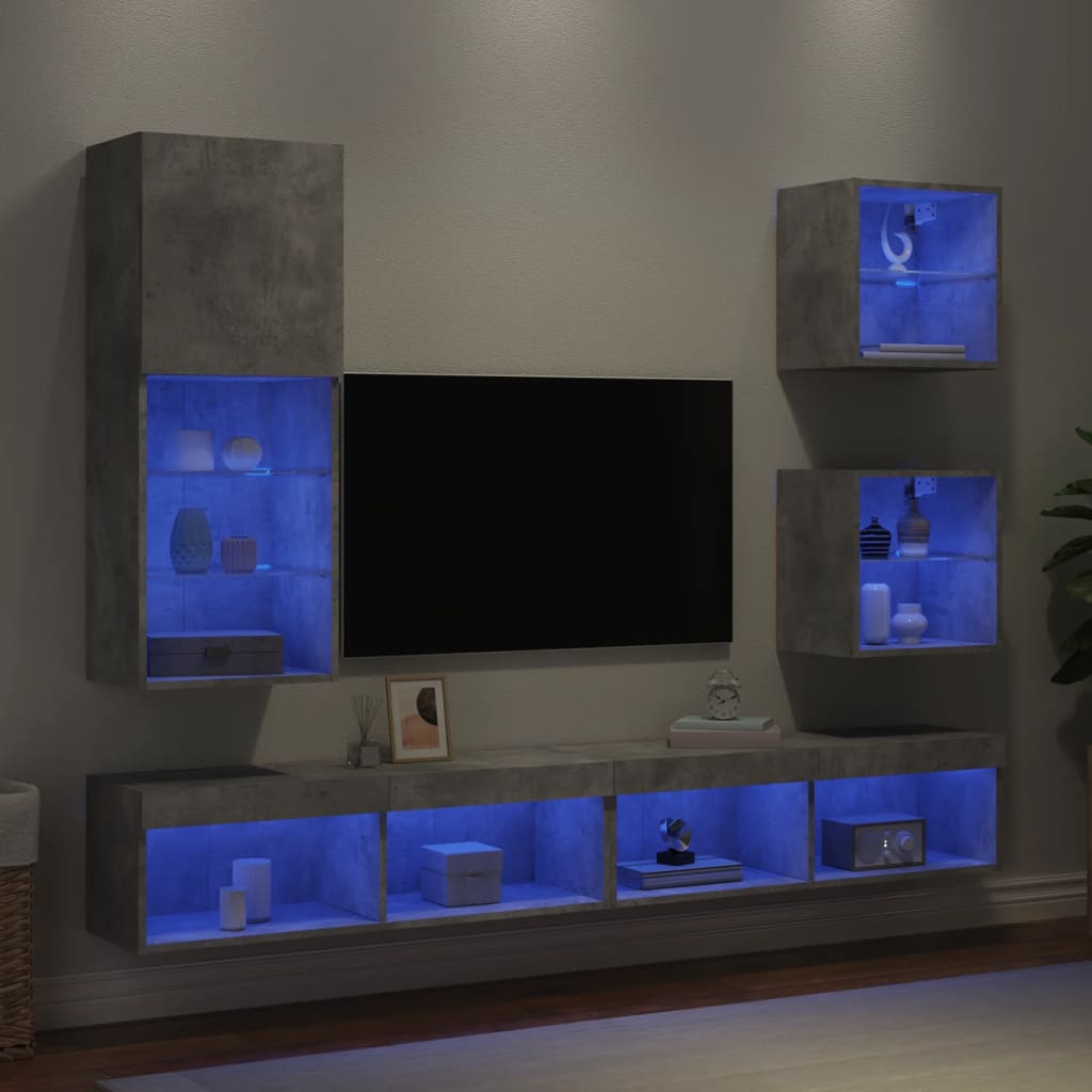 Unități TV de perete cu LED-uri 5 piese gri beton lemn compozit