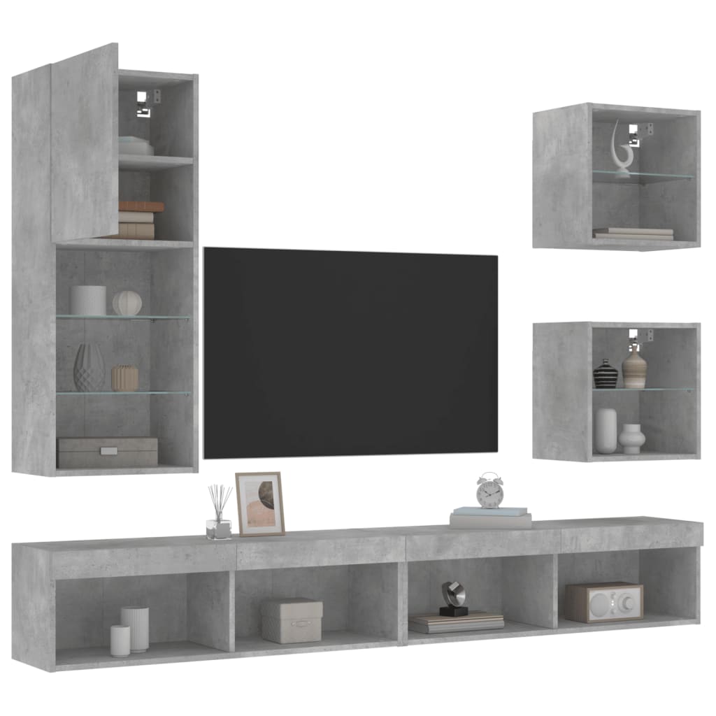 Unități TV de perete cu LED-uri 5 piese gri beton lemn compozit