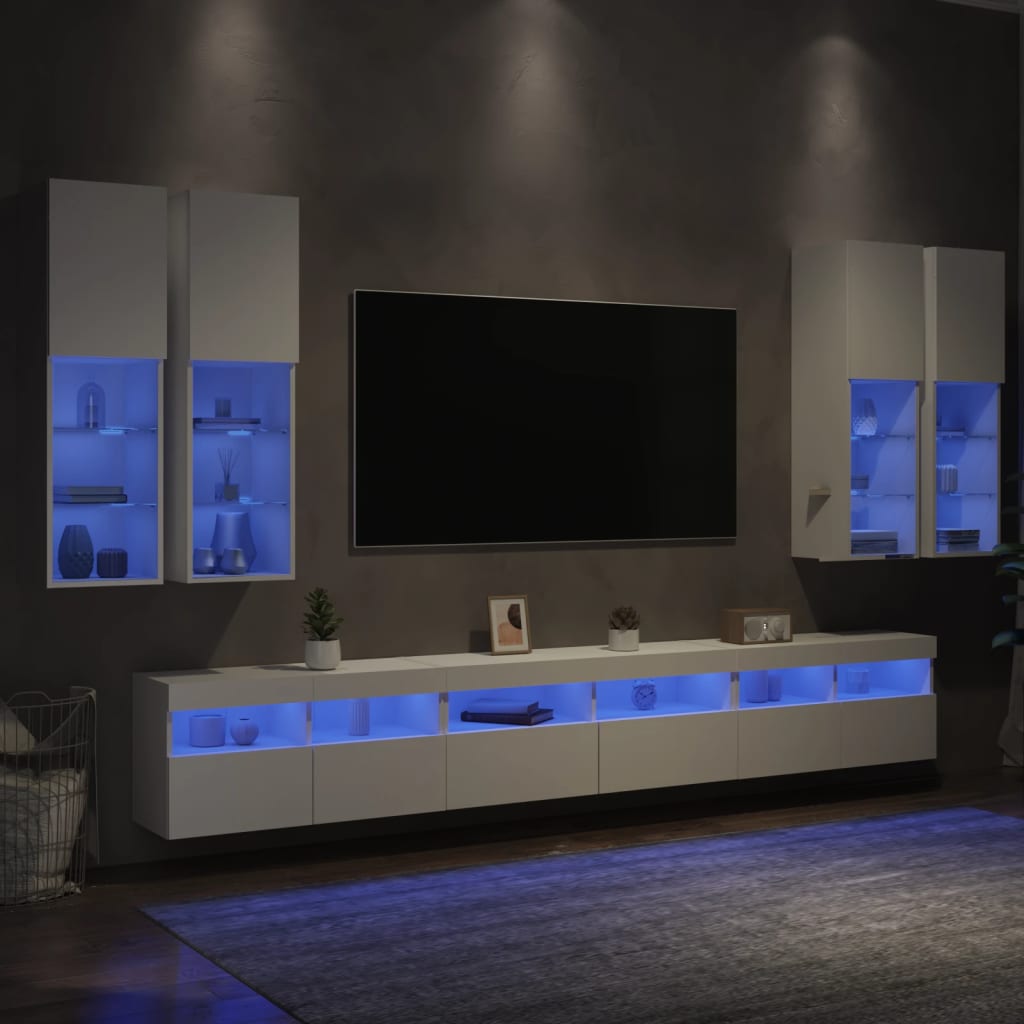 Set comode TV de perete, 7 piese, cu lumini LED, alb