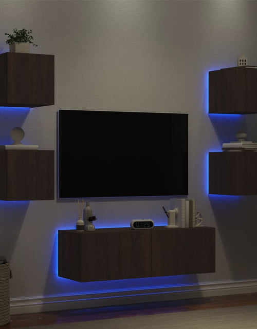 Загрузите изображение в средство просмотра галереи, Comode TV de perete cu lumini LED, 5 piese, stejar maro
