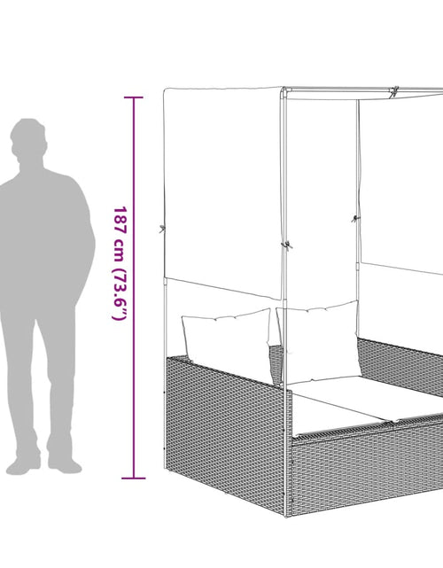 Загрузите изображение в средство просмотра галереи, Șezlong de plajă dublu cu acoperiș și perdele, negru, poliratan
