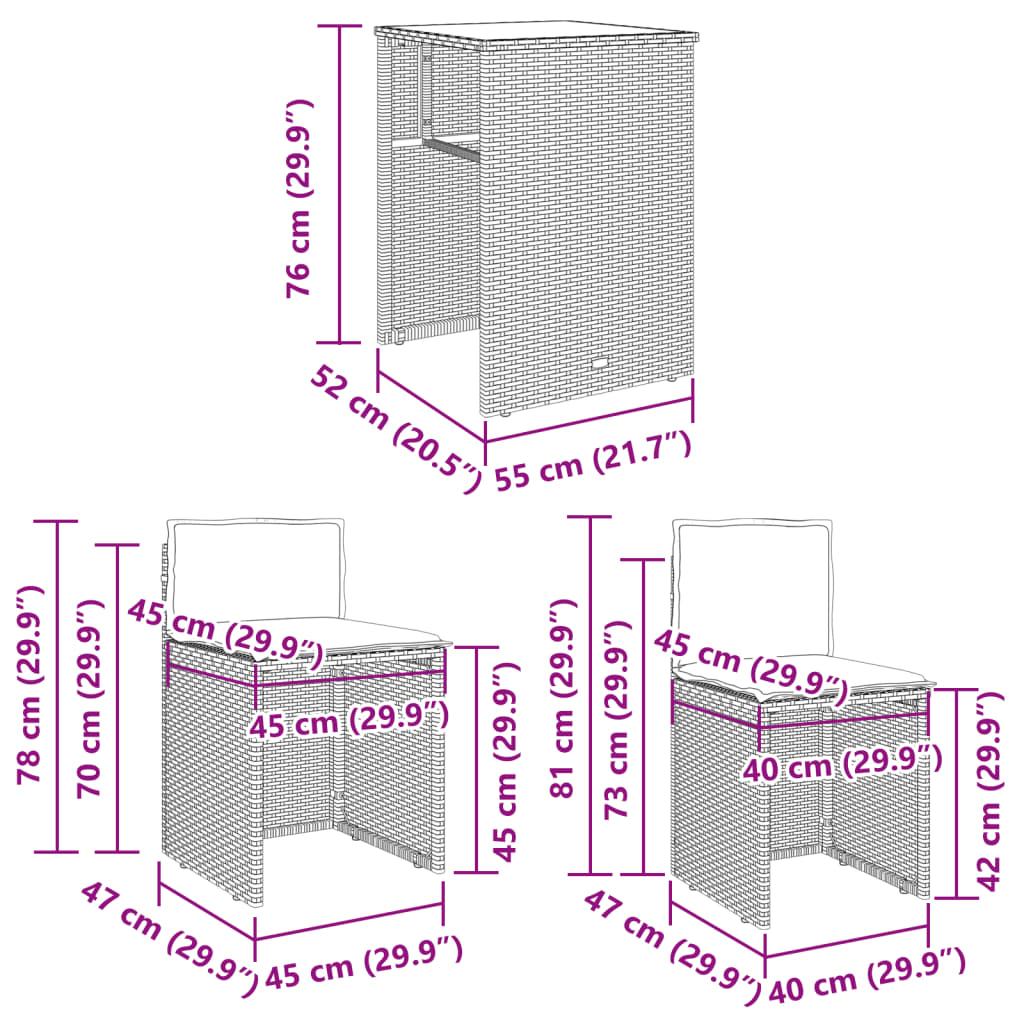 Set bistro cu perne, 3 piese, bej, poliratan