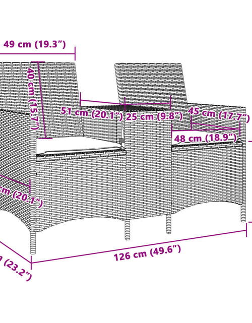Încărcați imaginea în vizualizatorul Galerie, Canapea de grădină cu 2 locuri cu masă/perne, maro, poliratan
