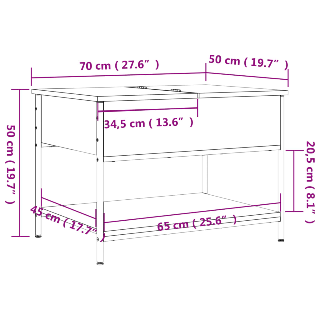 Măsuță de cafea stejar maro 70x50x50 cm lemn prelucrat și metal