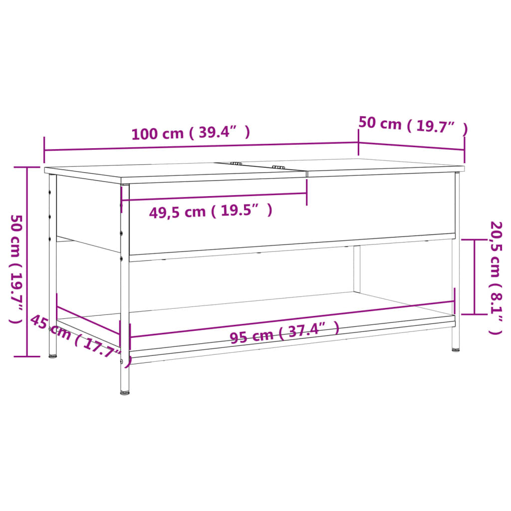 Măsuță de cafea stejar fumuriu 100x50x50cm lemn prelucrat/metal