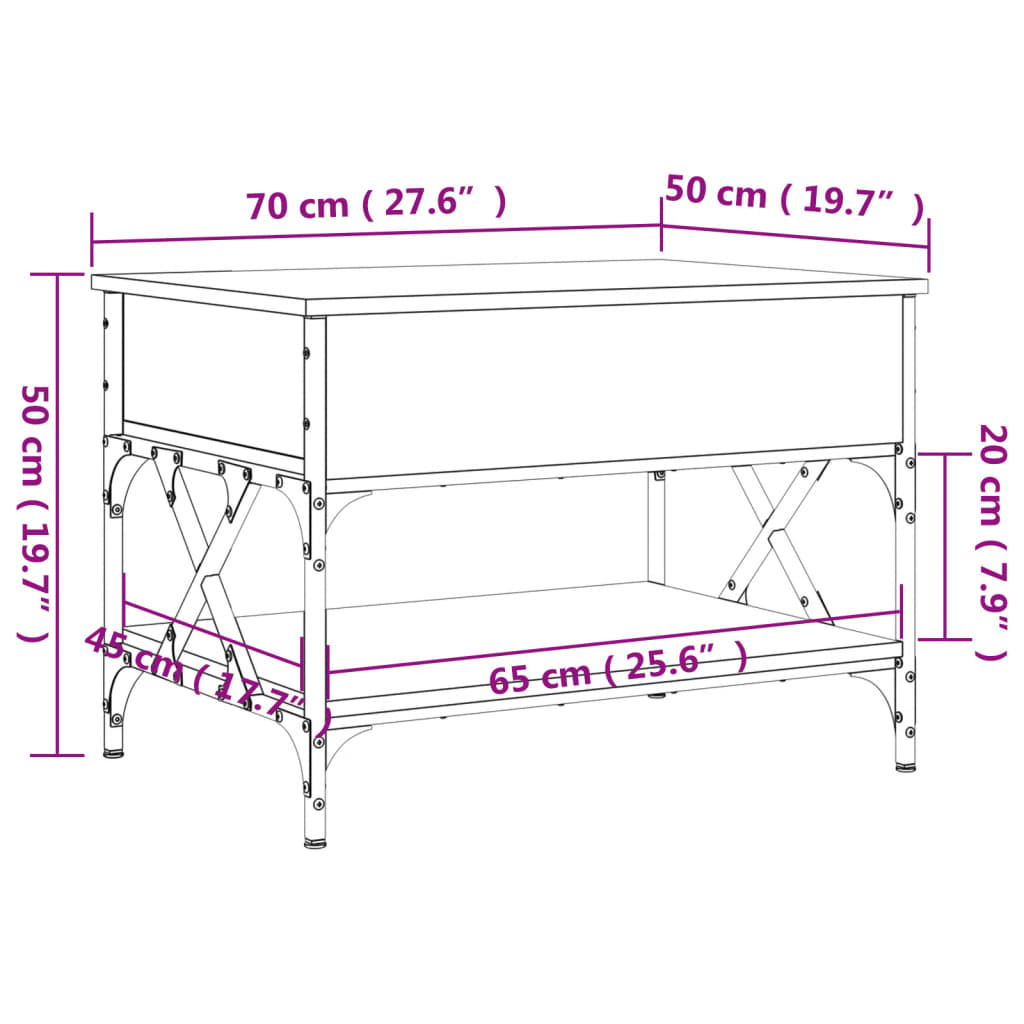 Măsuță de cafea sonoma gri 70x50x50 cm lemn prelucrat și metal