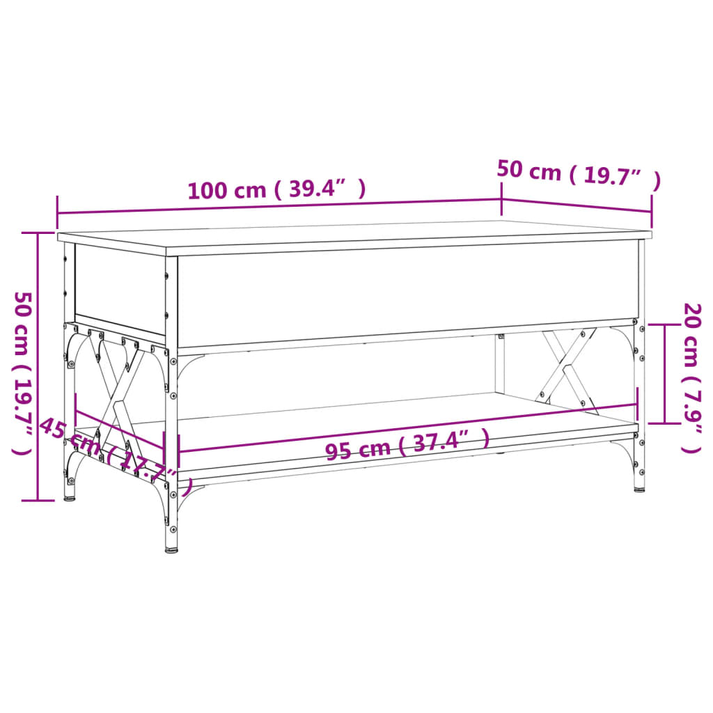 Măsuță de cafea stejar fumuriu 100x50x50cm lemn prelucrat/metal