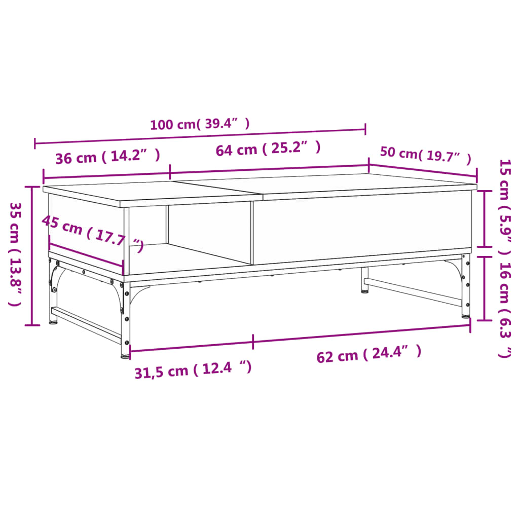 Măsuță cafea stejar sonoma 100x50x35 cm lemn prelucrat și metal