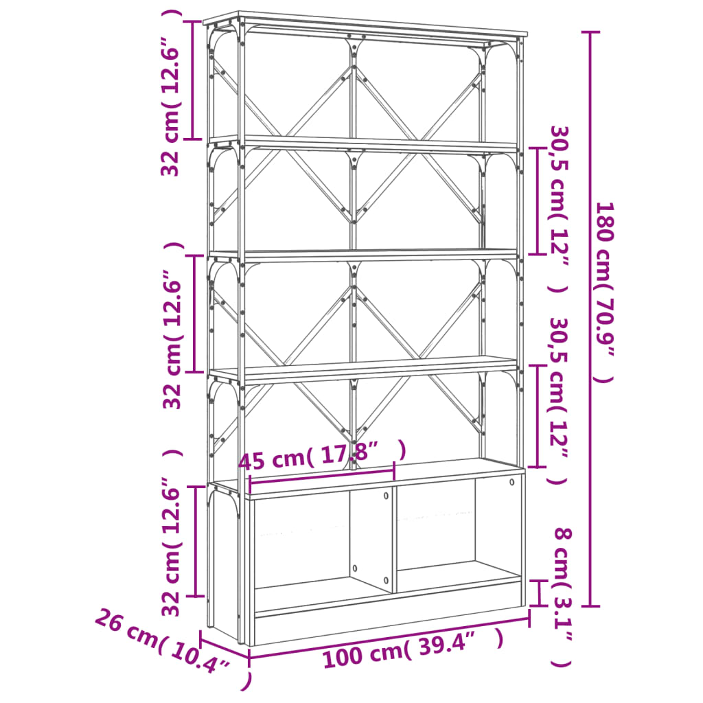 Bibliotecă, negru, 100x26x180 cm, lemn prelucrat și metal