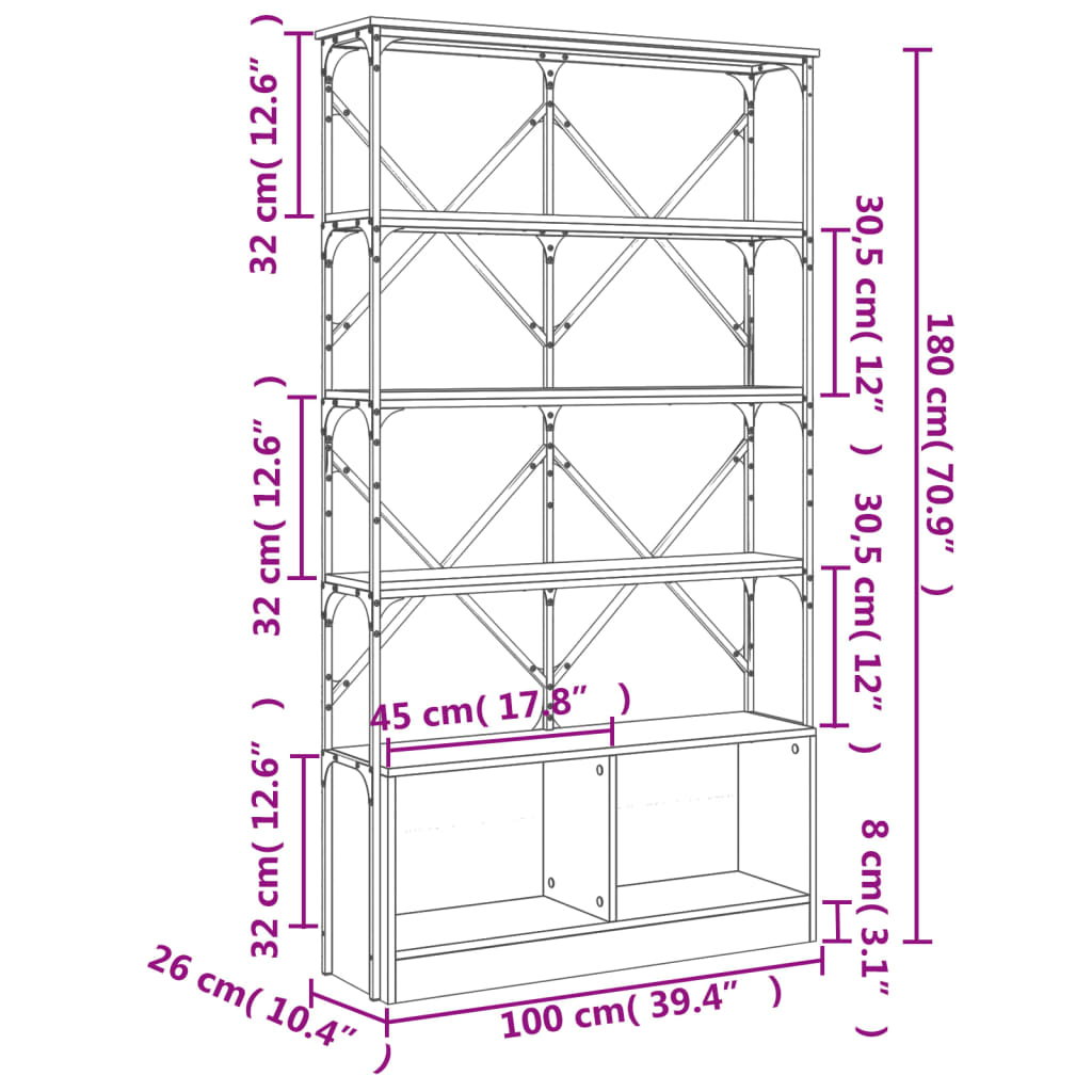 Bibliotecă, stejar sonoma, 100x26x180 cm, lemn prelucrat/metal - Lando