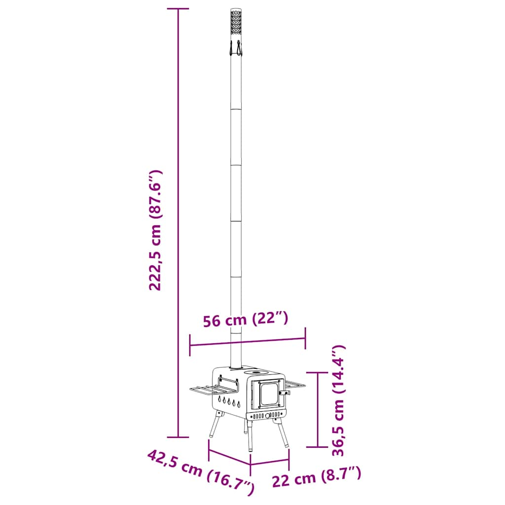 Sobă cu lemne, coș de fum/picioare pliabile de cort, negru oțel