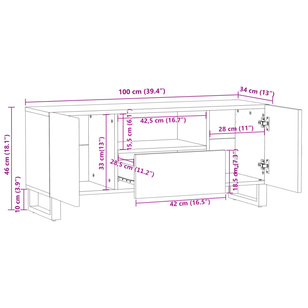 Dulap TV, 100x34x46 cm, lemn masiv de acacia