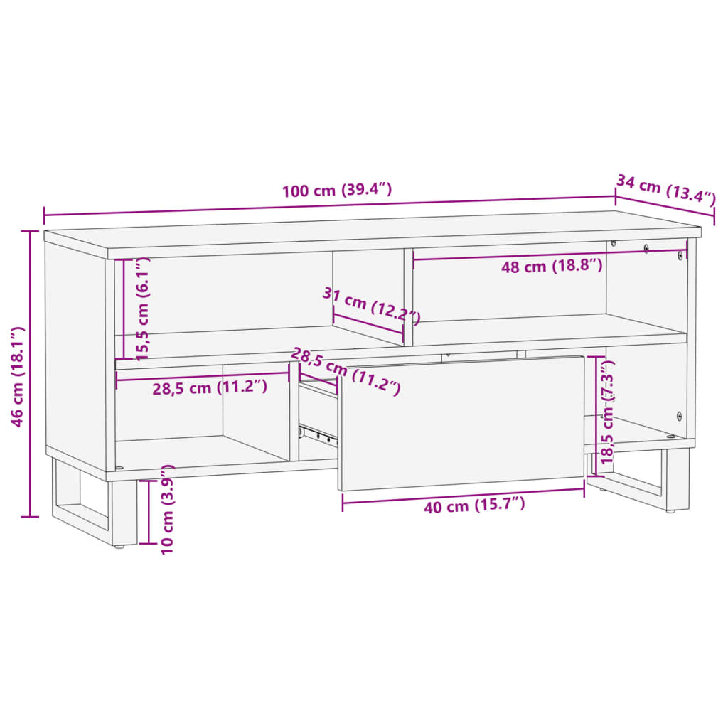 Dulap TV, 100x34x46 cm, lemn masiv de acacia