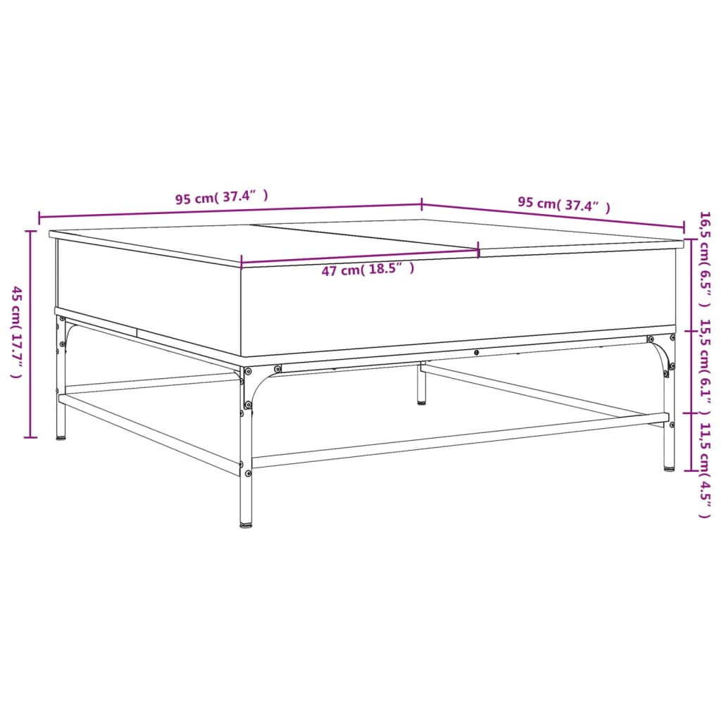 Măsuță de cafea stejar fumuriu 95x95x45 cm lemn prelucrat/metal