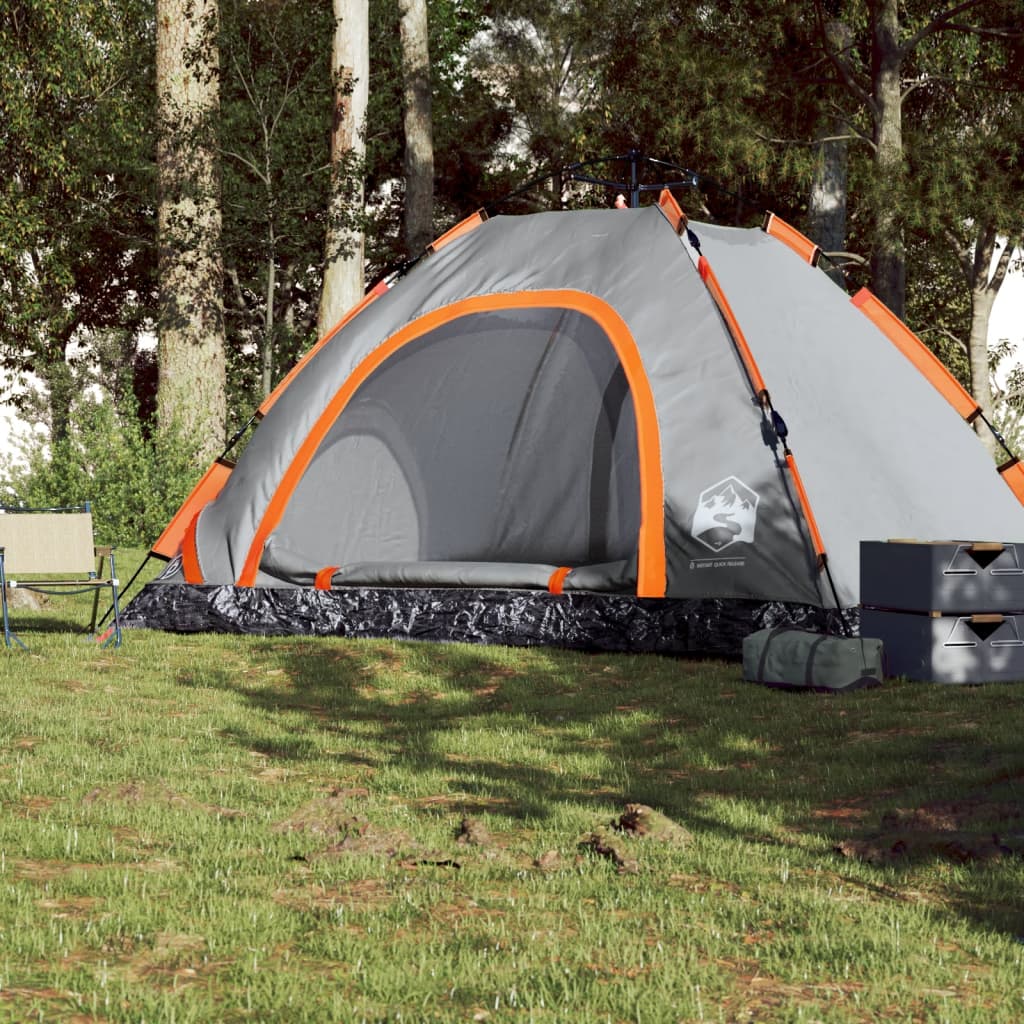 Cort camping, 5 persoane, gri/oranj, setare rapidă