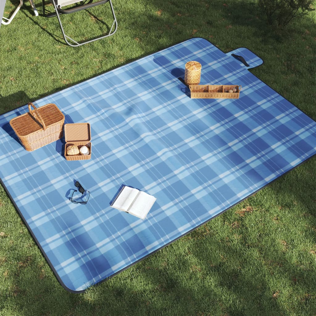 Pătură de picnic pliabilă, carouri albastre, 200x150 cm catifea
