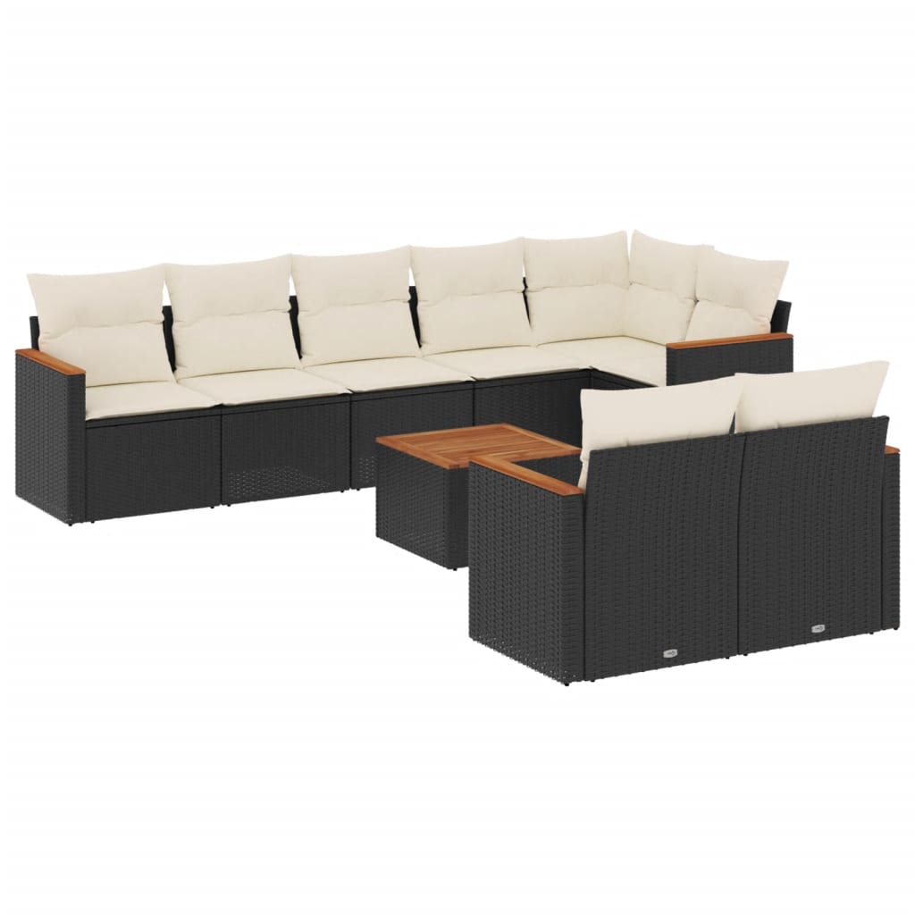 Set mobilier de grădină cu perne, 9 piese, negru, poliratan