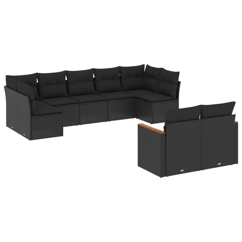 Set mobilier de grădină cu perne, 9 piese, negru, poliratan