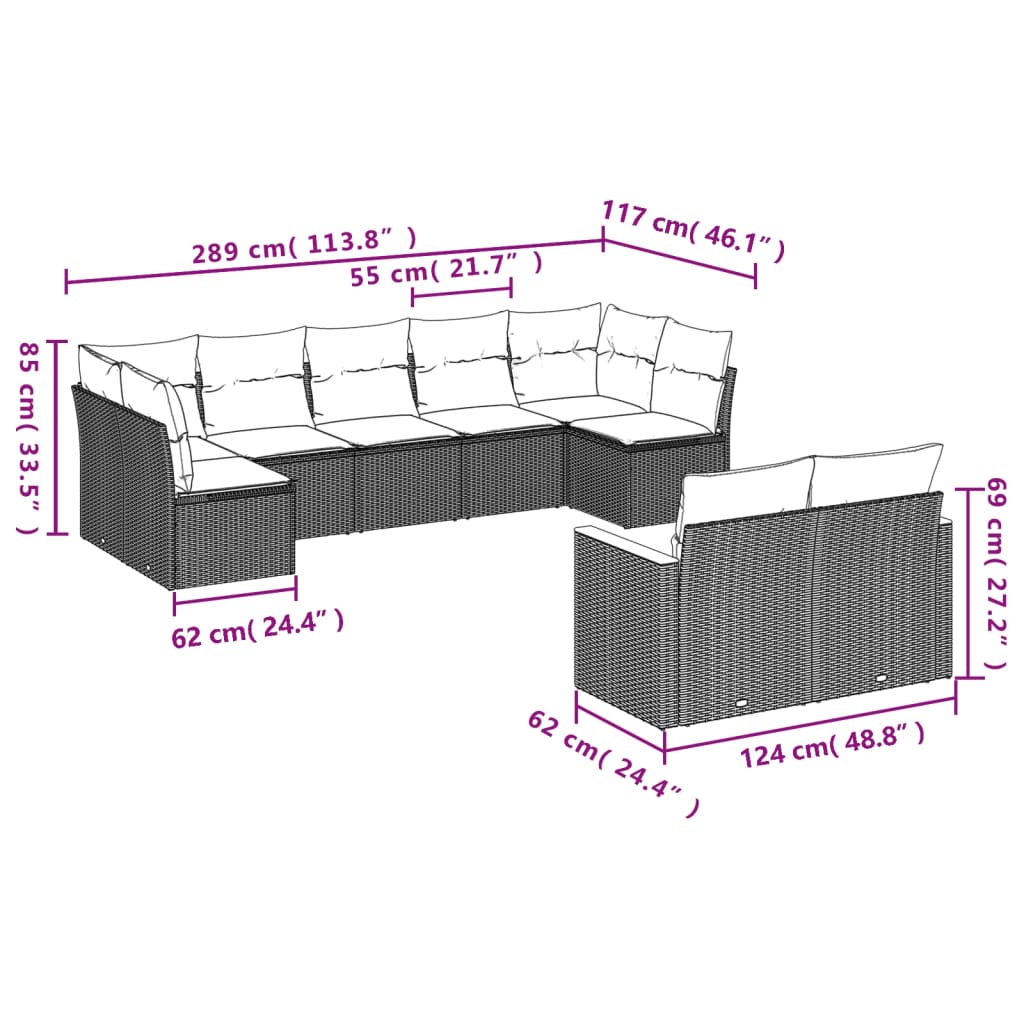 Set mobilier de grădină cu perne, 9 piese, negru, poliratan