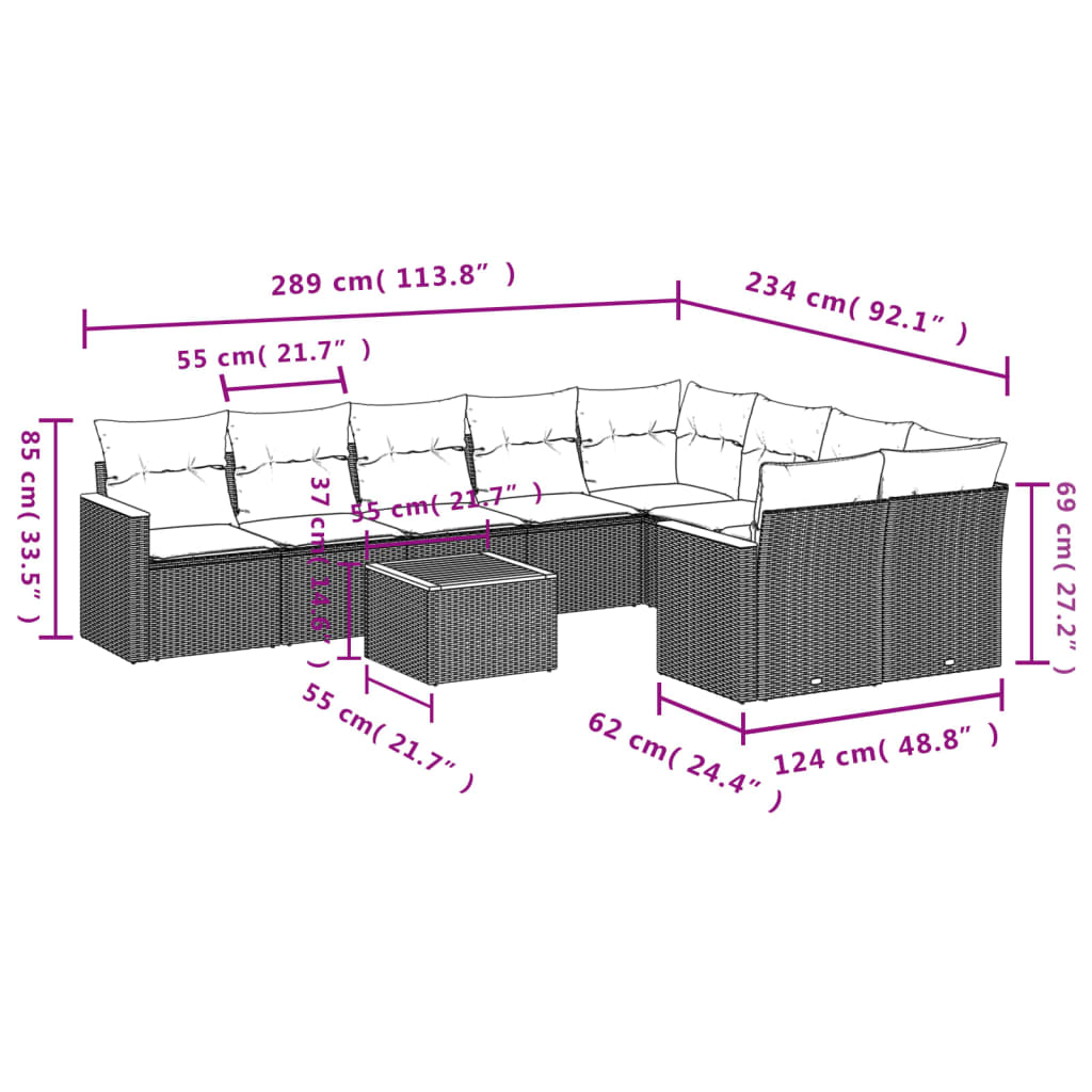 Set canapele de grădină cu perne, 10 piese, negru, poliratan