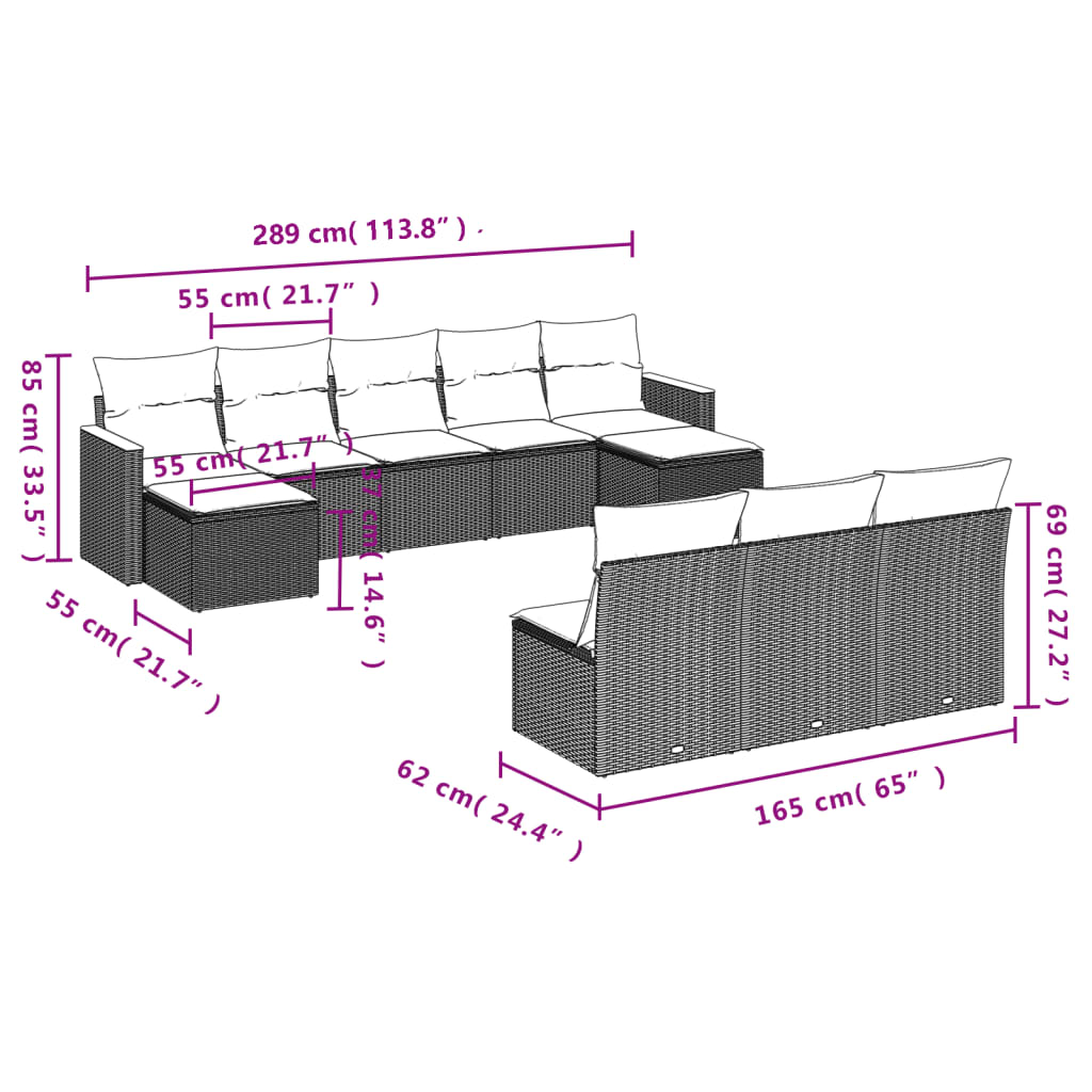 Set mobilier de grădină cu perne, 10 piese, gri, poliratan