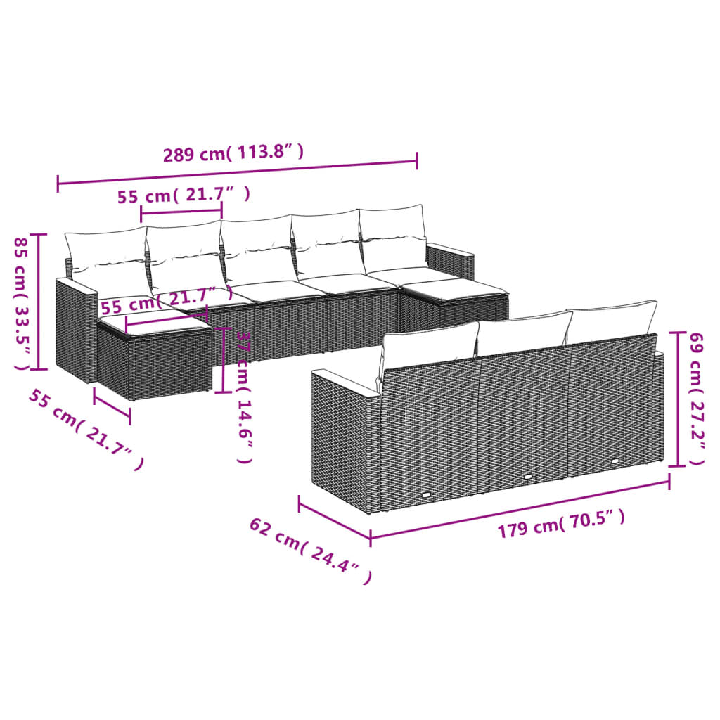 Set mobilier de grădină cu perne, 10 piese, gri, poliratan