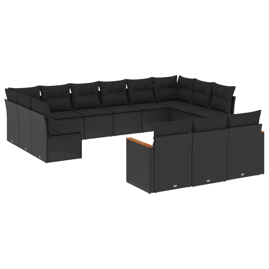 Set mobilier de grădină cu perne, 13 piese, negru, poliratan