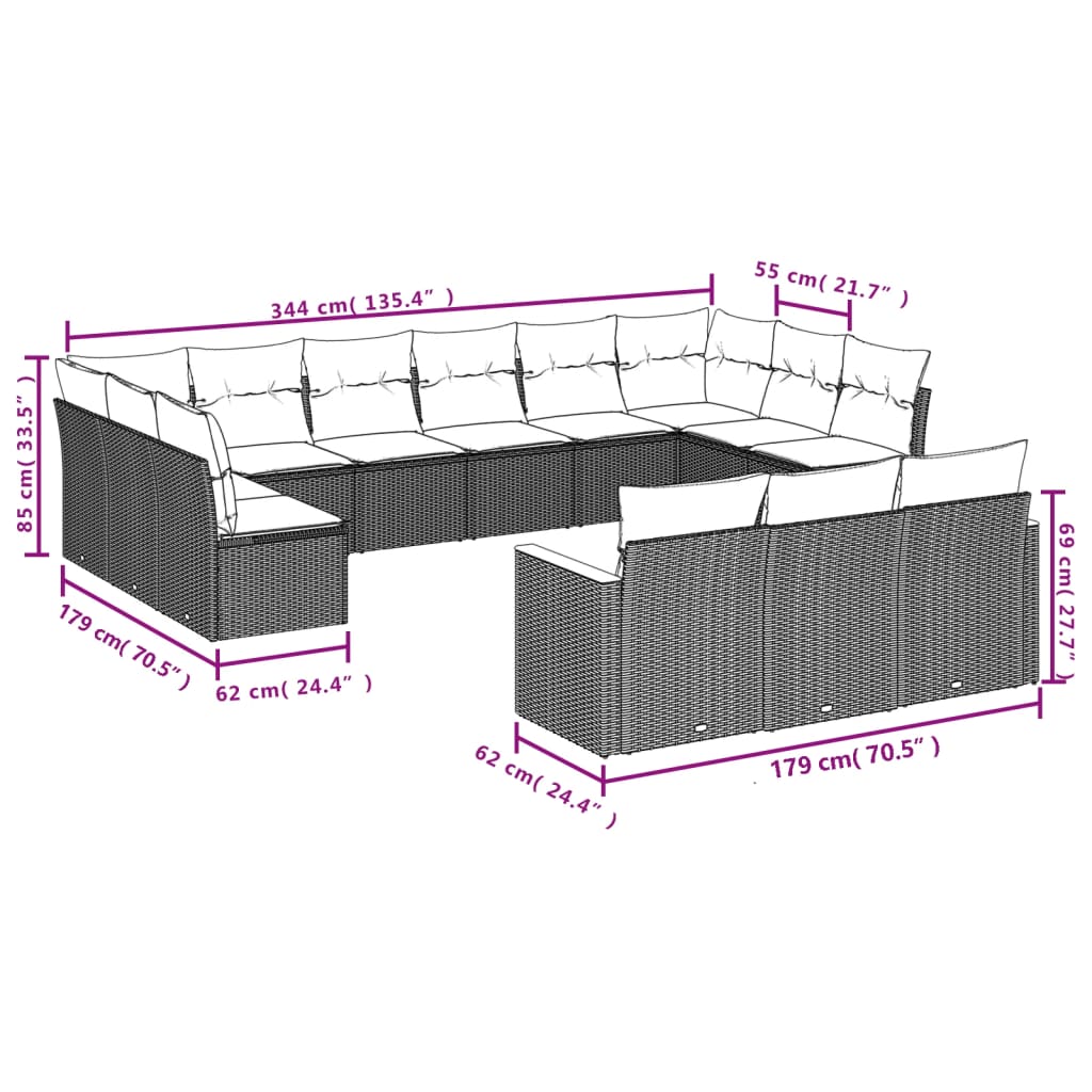 Set mobilier de grădină cu perne, 13 piese, negru, poliratan