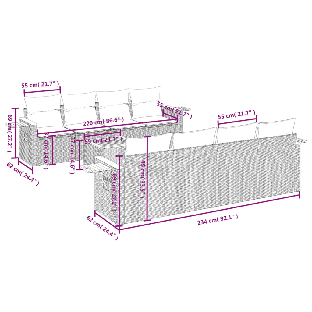 Set mobilier de grădină cu perne, 9 piese, negru, poliratan