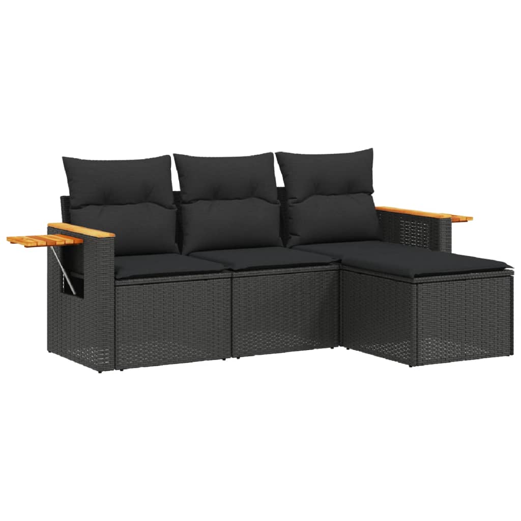 Set mobilier de grădină cu perne, 4 piese, negru, poliratan