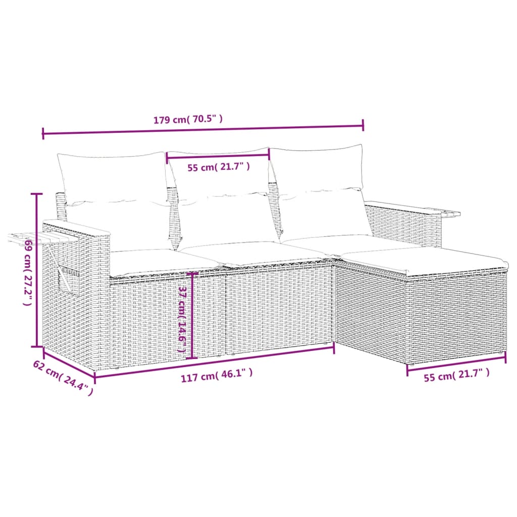 Set mobilier de grădină cu perne, 4 piese, negru, poliratan