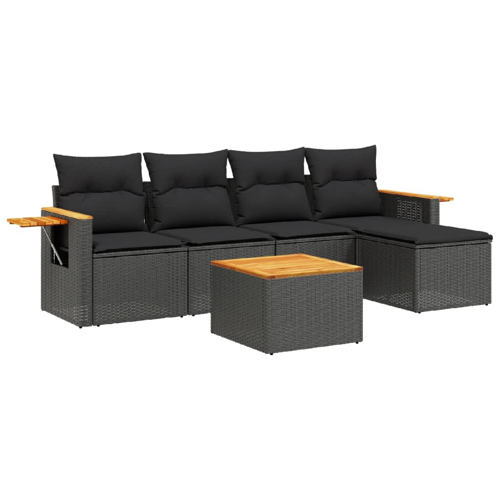 Set mobilier de grădină cu perne, 6 piese, negru, poliratan