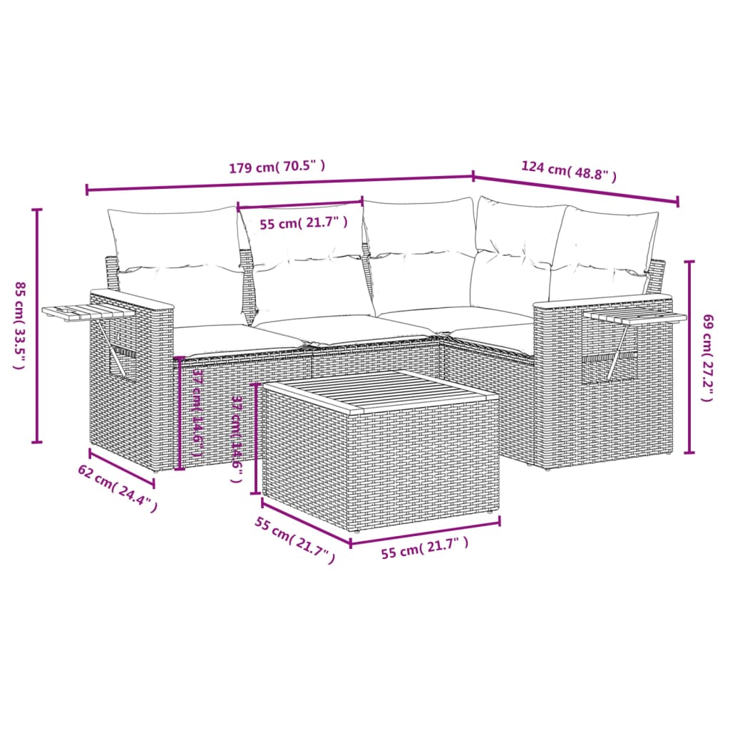 Set mobilier de grădină cu perne, 5 piese, negru, poliratan