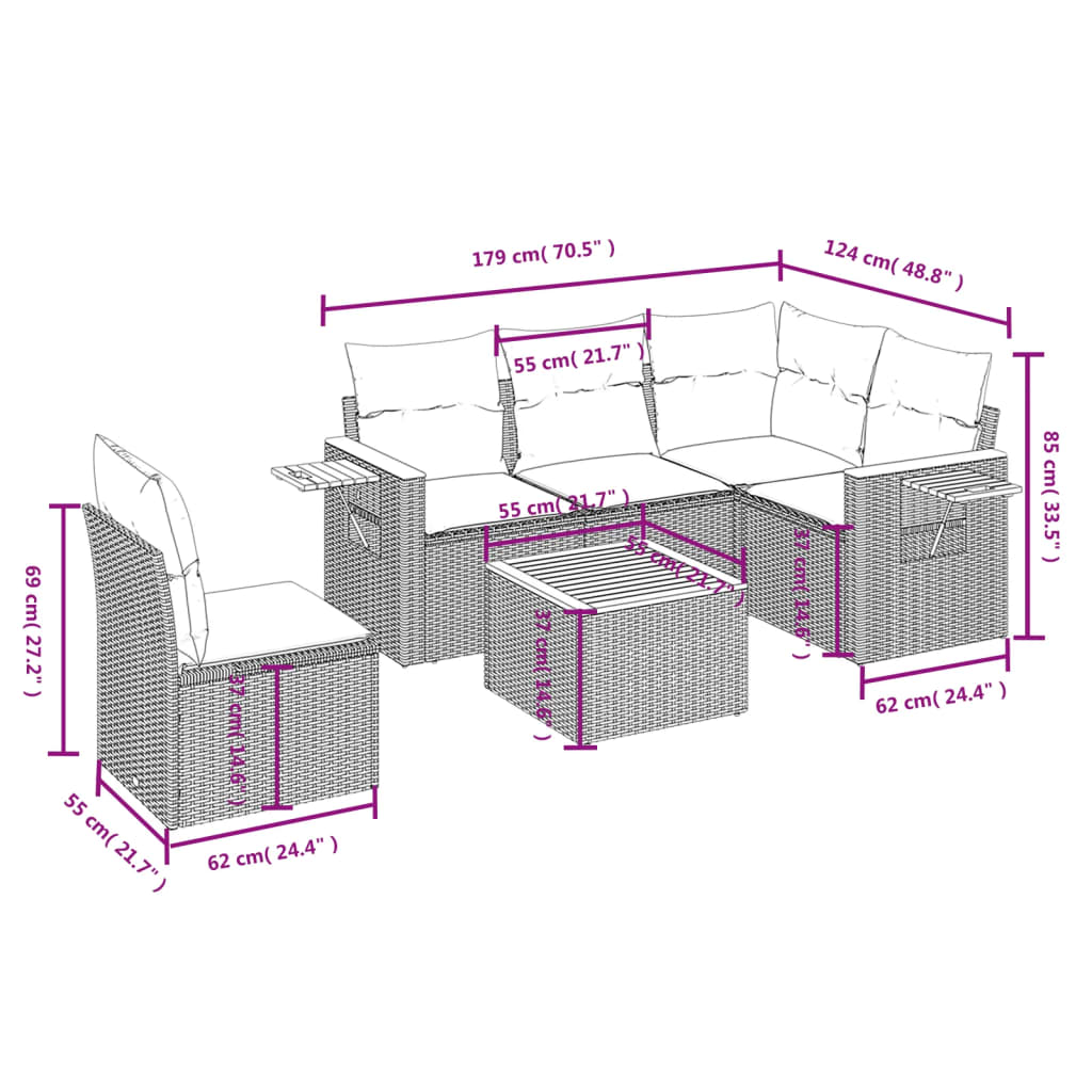 Set mobilier grădină cu perne, 6 piese, gri, poliratan