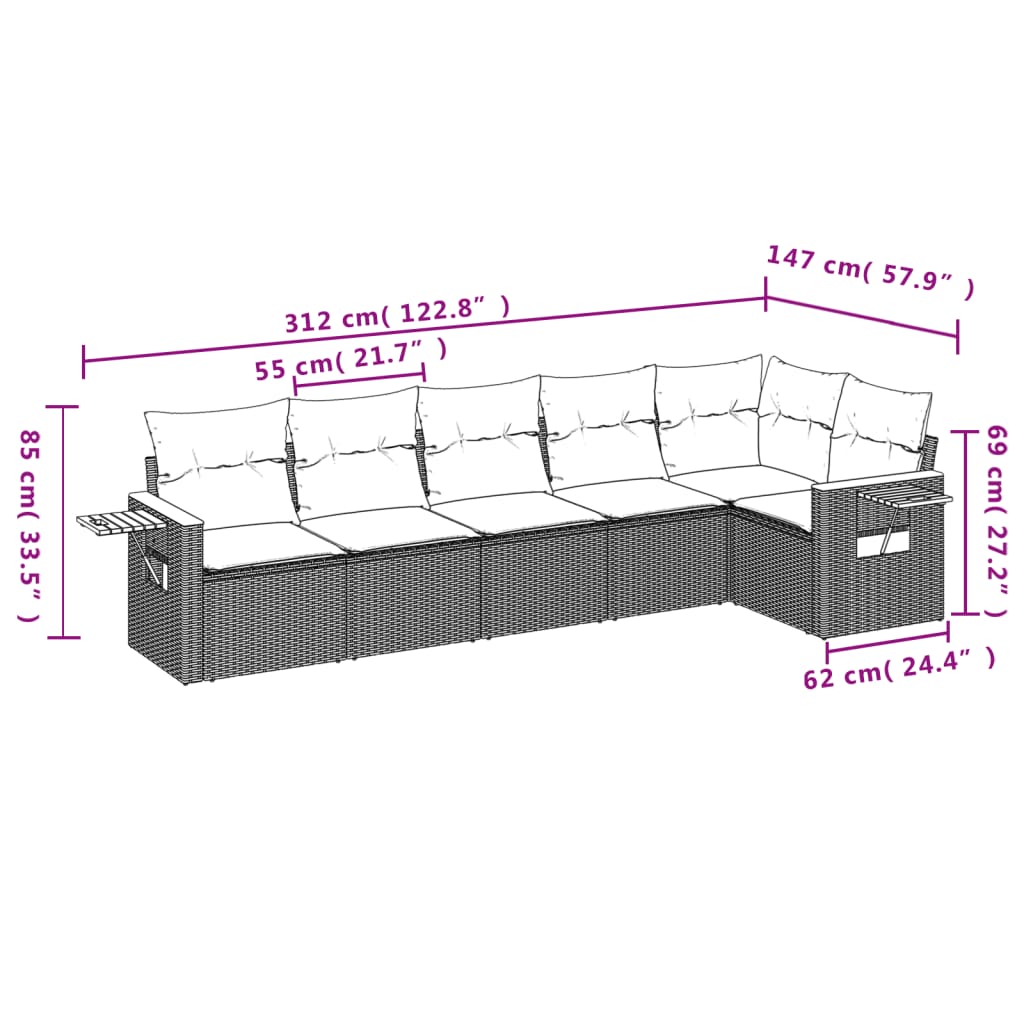 Set mobilier de grădină cu perne, 6 piese, negru, poliratan