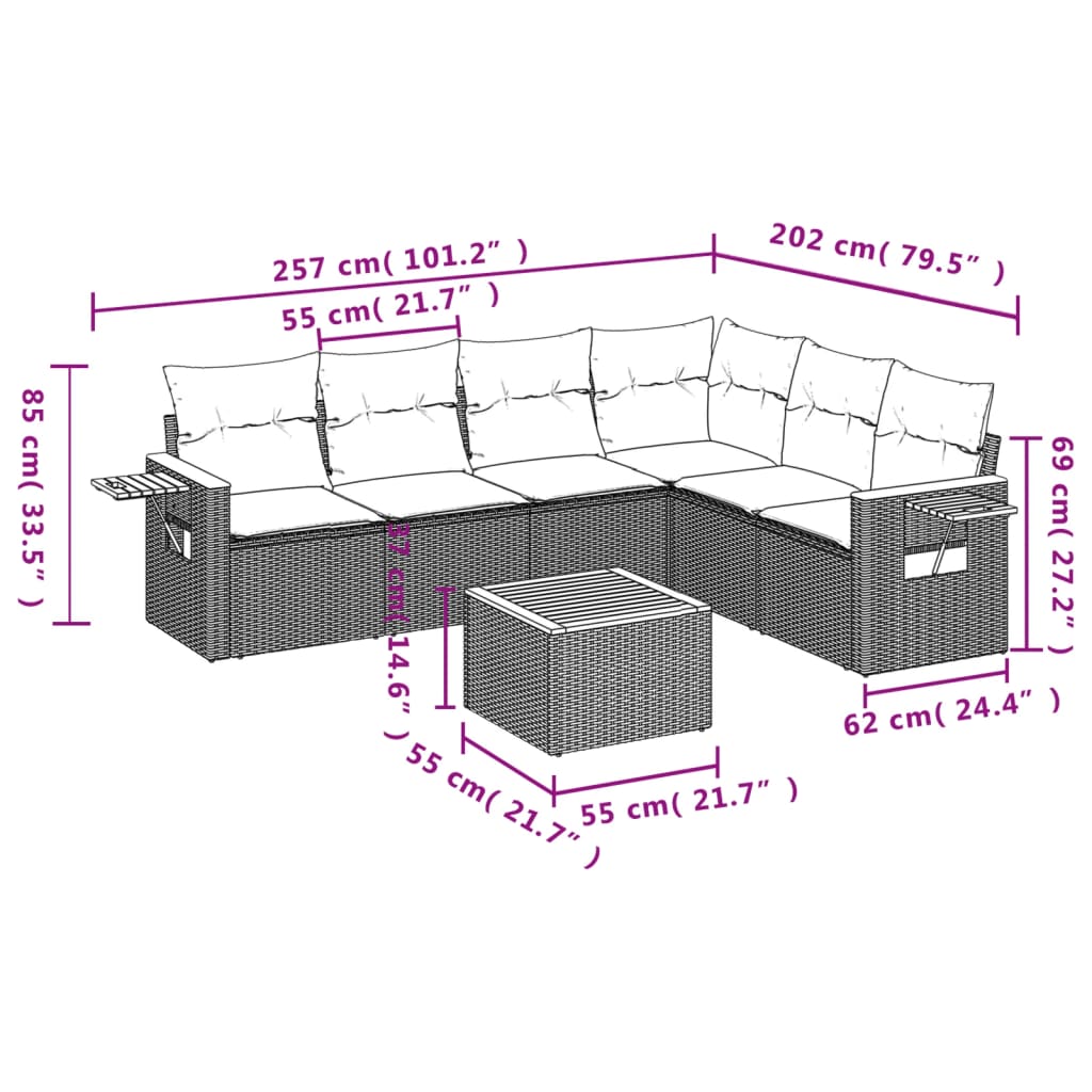 Set canapele de grădină cu perne, 7 piese, negru, poliratan