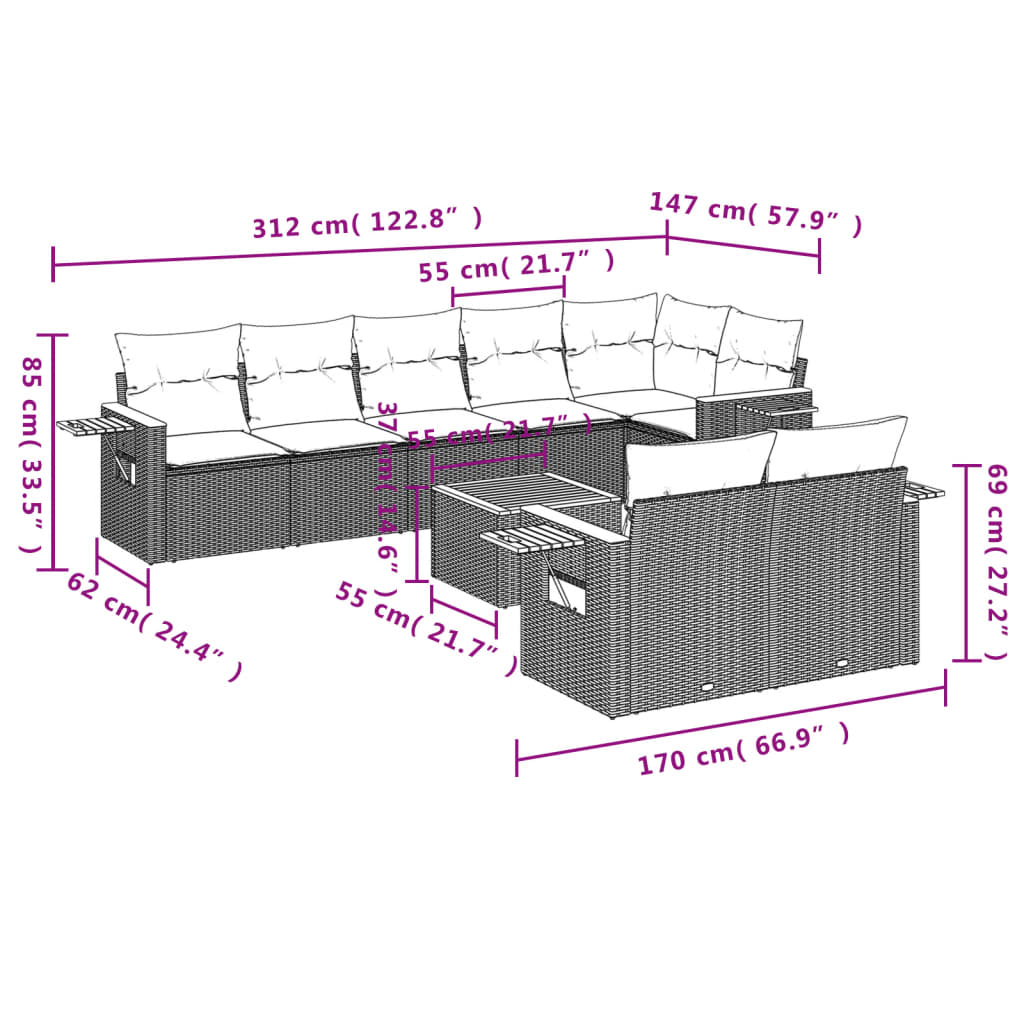 Set mobilier de grădină cu perne, 9 piese, negru, poliratan