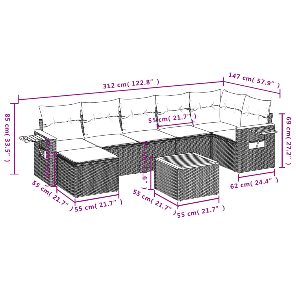 Set mobilier de grădină cu perne, 8 piese, negru, poliratan