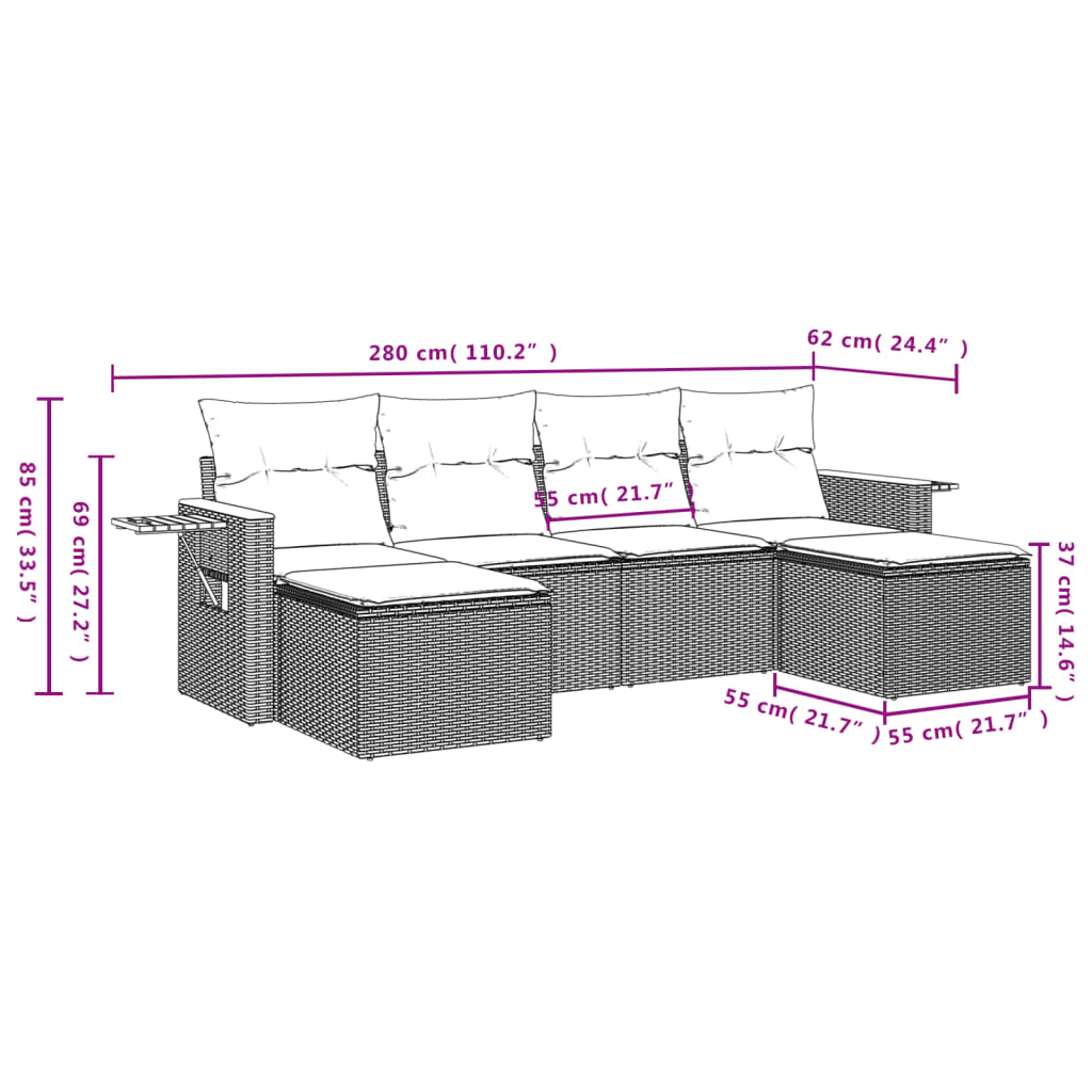 Set mobilier de grădină cu perne, 6 piese, negru, poliratan