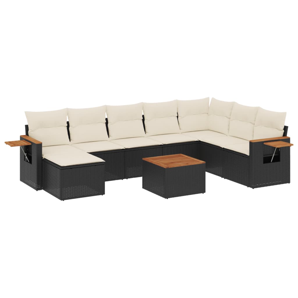 Set mobilier de grădină cu perne, 9 piese, negru, poliratan