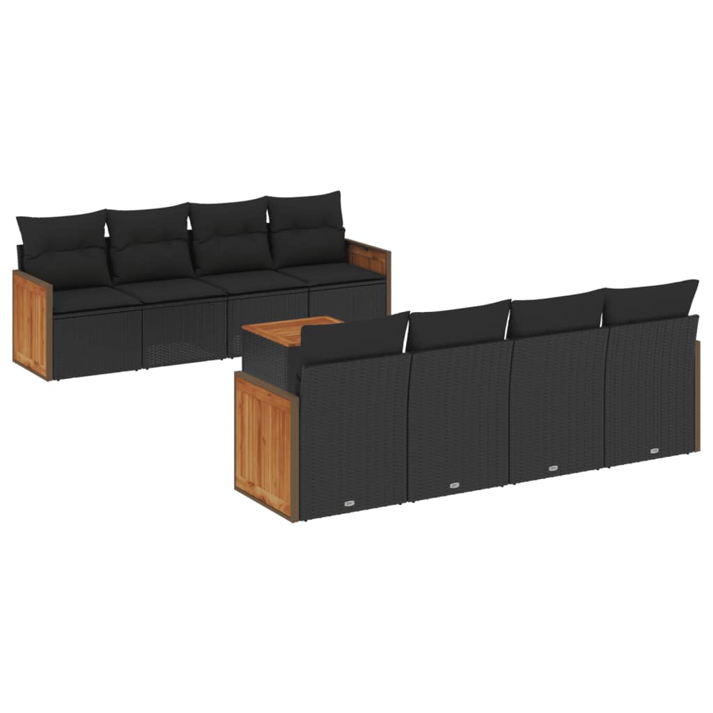 Set mobilier de grădină cu perne, 9 piese, negru, poliratan