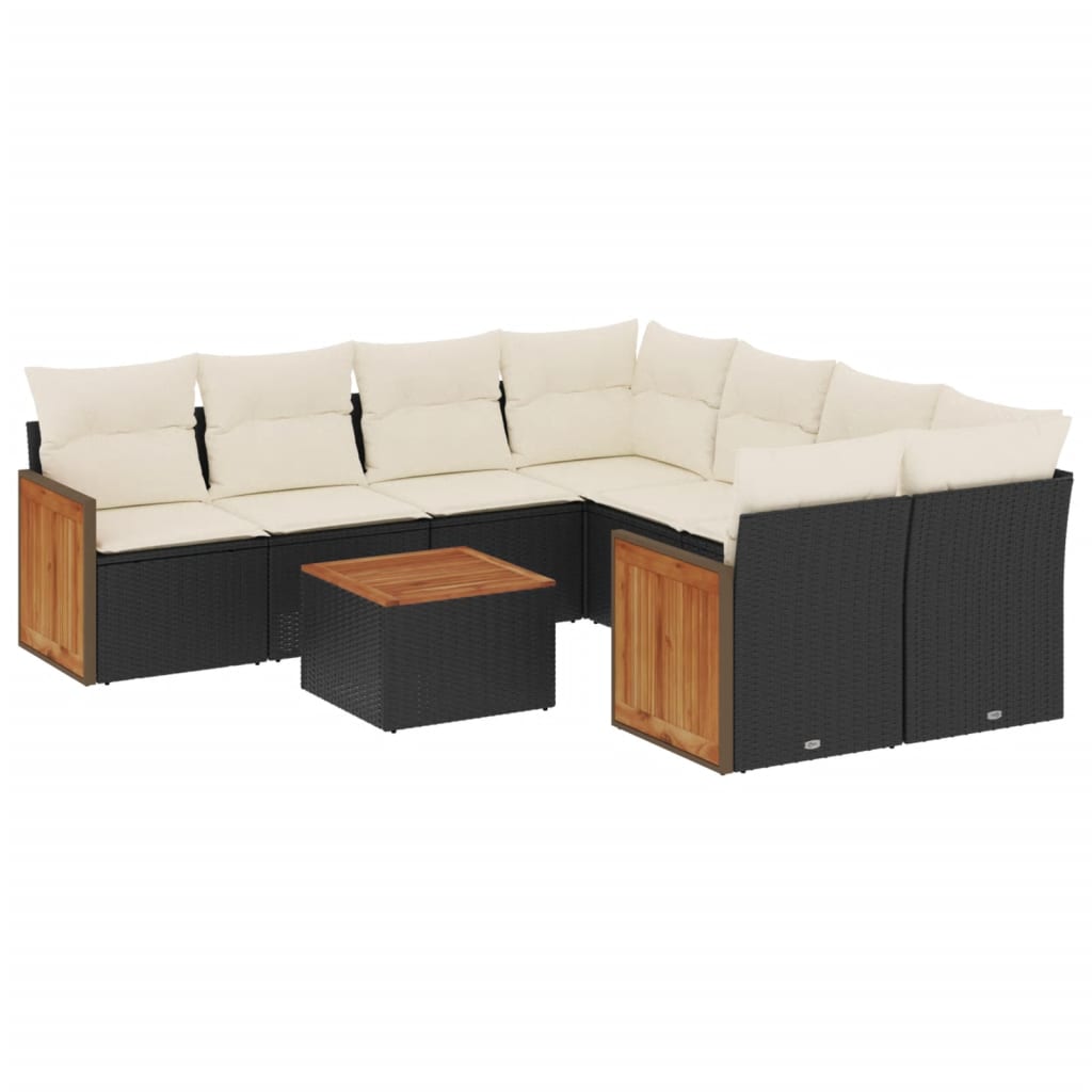 Set mobilier de grădină cu perne, 9 piese, negru, poliratan