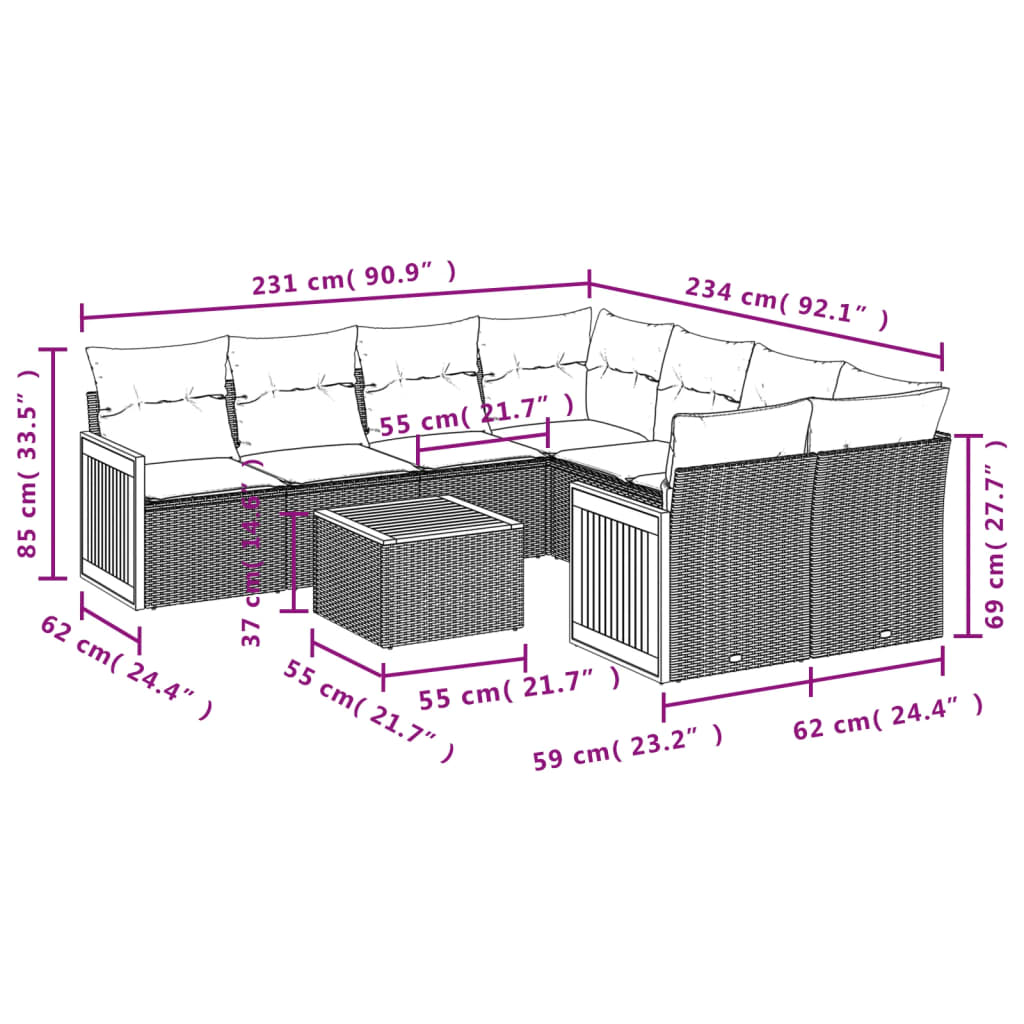 Set mobilier de grădină cu perne, 9 piese, negru, poliratan