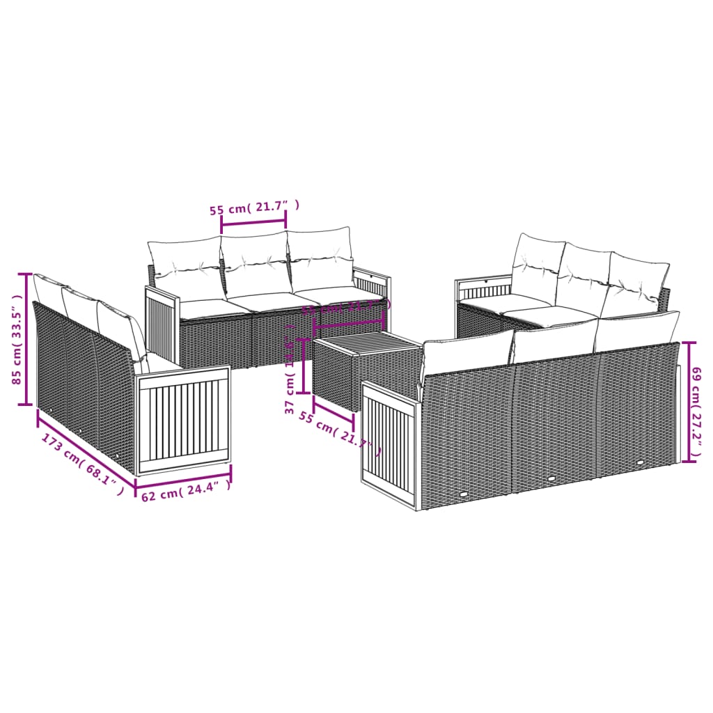 Set mobilier de grădină cu perne, 13 piese, gri, poliratan