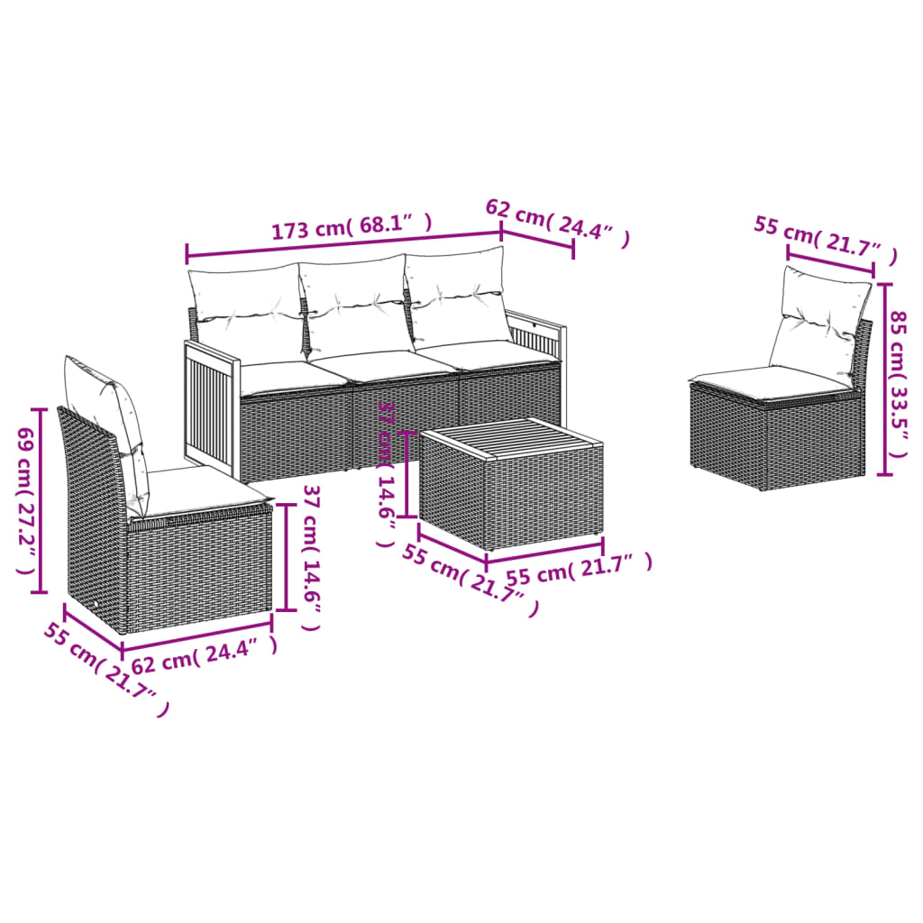 Set mobilier de grădină cu perne, 6 piese, negru, poliratan