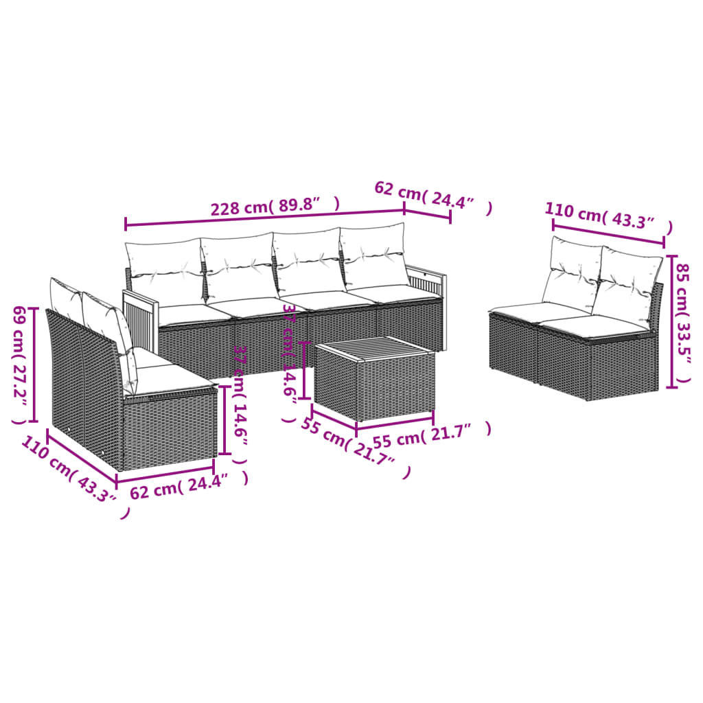 Set mobilier de grădină cu perne, 9 piese, negru, poliratan - Lando