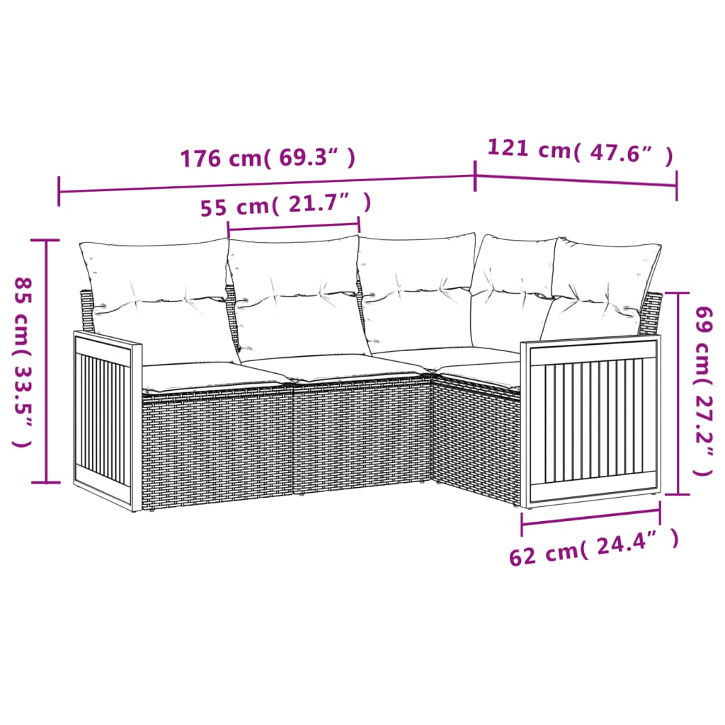 Set mobilier de grădină cu perne, 4 piese, negru, poliratan